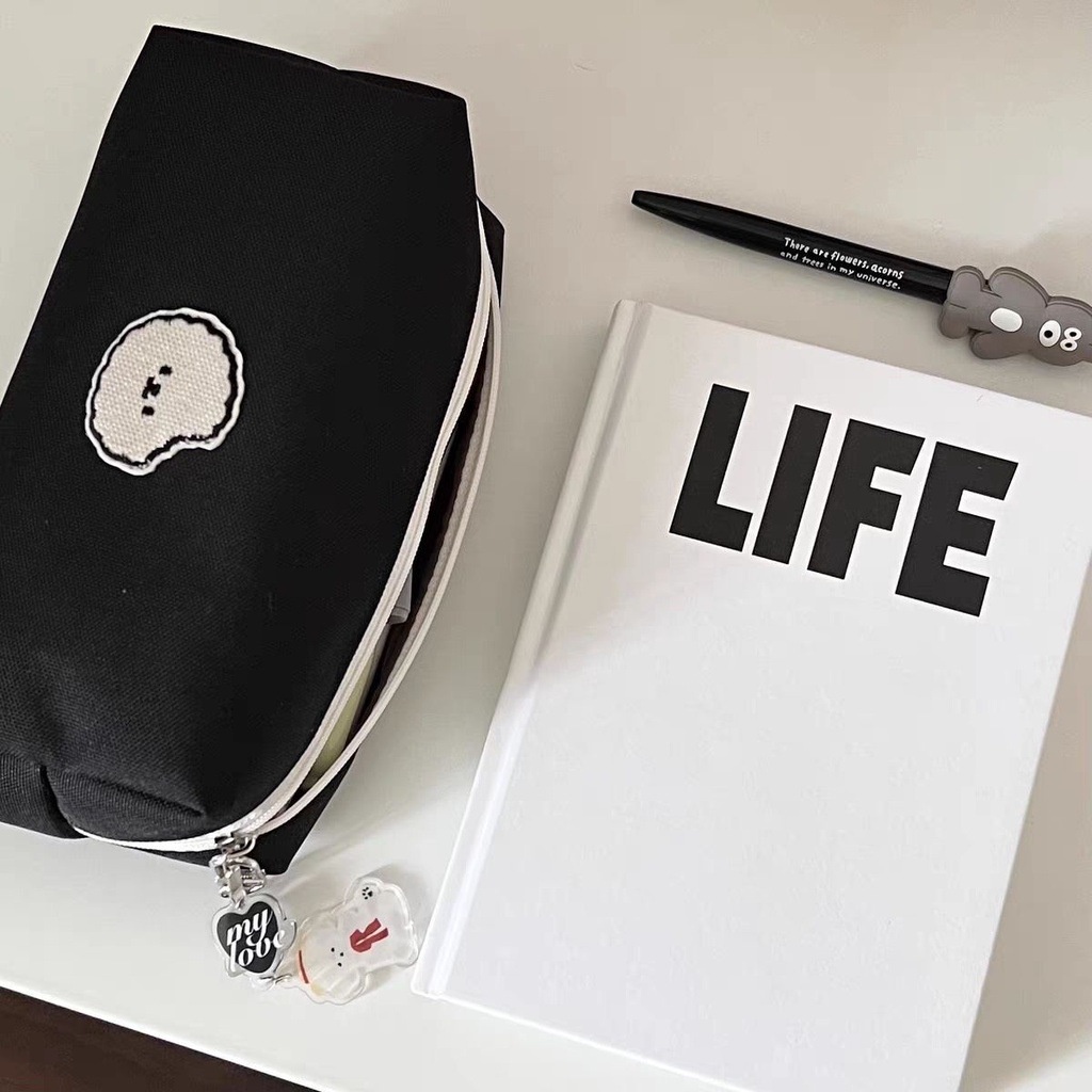 Túi Đựng Bút Bằng Vải Canvas Màu Đen In Hình Chú Cún Đáng Yêu