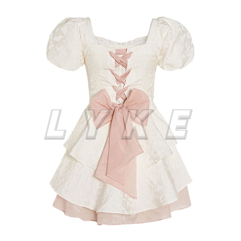 Váy babydoll váy trắng dự tiệc Váy Liền Bồng Công Chúa Nơ Tay Phồng Kiểu Pháp