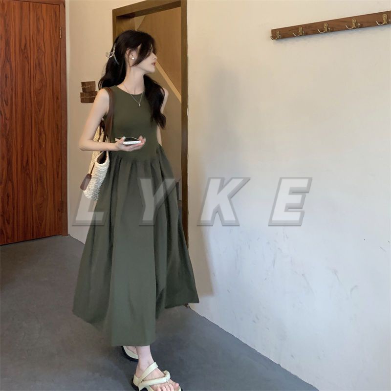 Váy đi biển dáng dài sát nách 2 dây màu Váy Liền Vest Không Tay Trang Phục Nữ