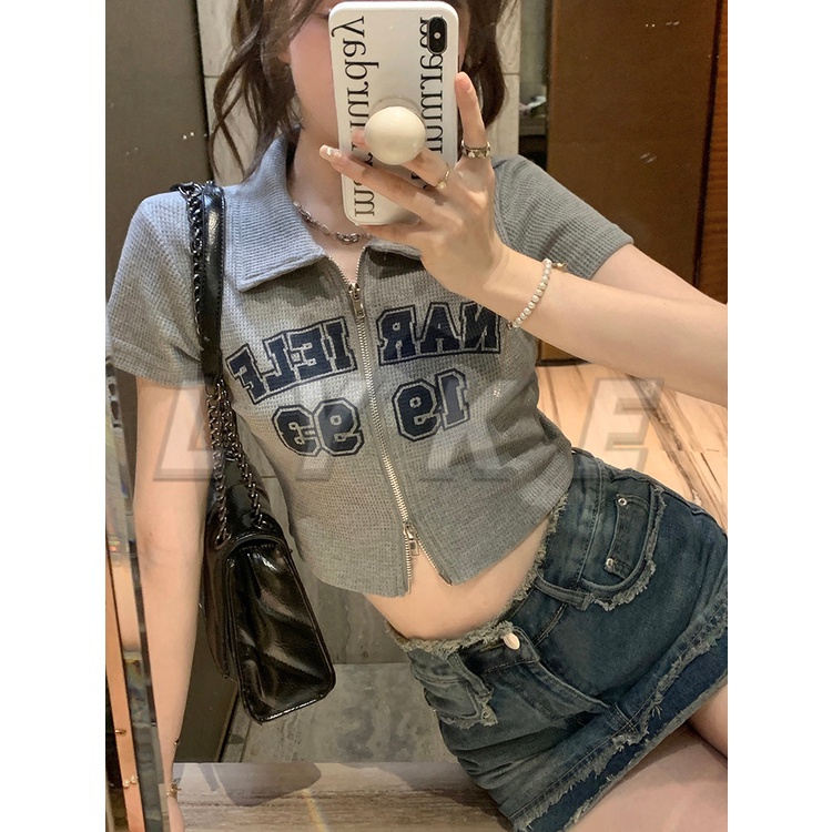 Áo baby tee y2k áo sơ mi croptop Áo Thun Ngắn Tay In Chữ Phối Khóa Kéo Thời Trang Mùa Hè Cho Nữ