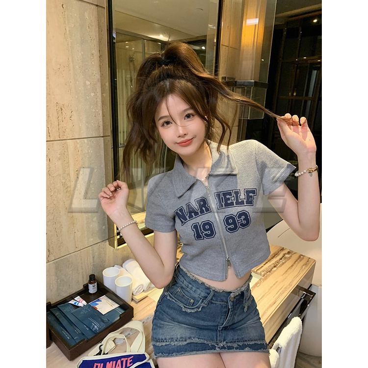 Áo baby tee y2k áo sơ mi croptop Áo Thun Ngắn Tay In Chữ Phối Khóa Kéo Thời Trang Mùa Hè Cho Nữ