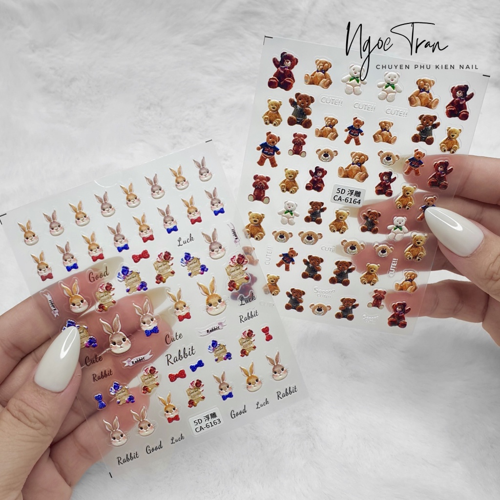 Sticker Nail 5D Lụa Nổi | Gấu TEDDY & Thỏ | Hình Dán Móng Tay CA