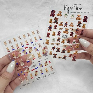 Sticker nail 5d lụa nổi | gấu teddy & thỏ | hình dán móng tay ca