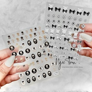 Sticker nail 5d lụa nổi | gấu & hoa trắng đen thương hiệu | hình dán móng tay ca