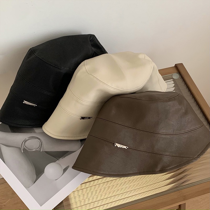 Mũ bucket Chất Liệu Da Nhân Tạo Màu Trơn Thời Trang Thu Đông Phong Cách Hàn Quốc Cho Nữ