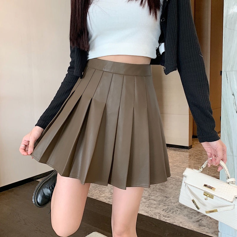 Chân Váy Da pu Xếp Ly Dáng Chữ a Lưng Cao Phong Cách Hàn Quốc Thời Trang Thu Đông 2023 Cho Nữ