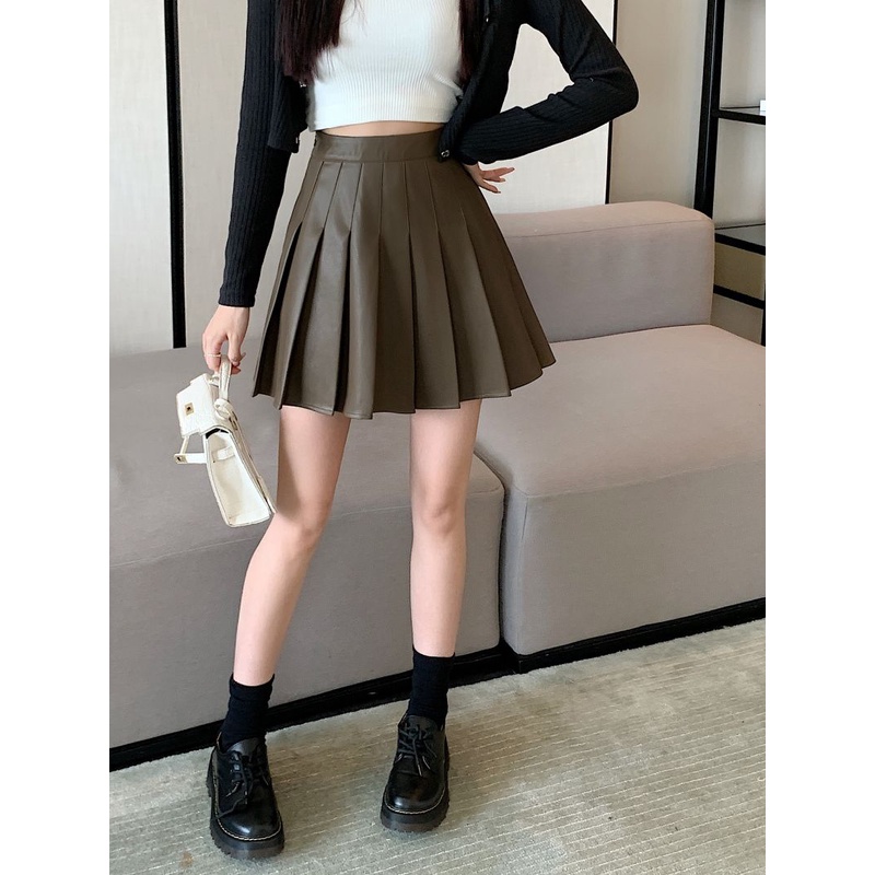 Chân Váy Da pu Xếp Ly Dáng Chữ a Lưng Cao Phong Cách Hàn Quốc Thời Trang Thu Đông 2023 Cho Nữ