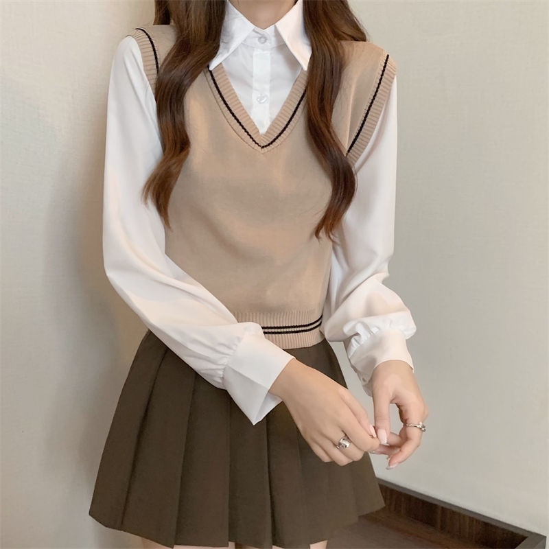 Áo Sơ Mi Tay Dài Giả Hai Lớp Thời Trang Mùa Thu Cho Nữ