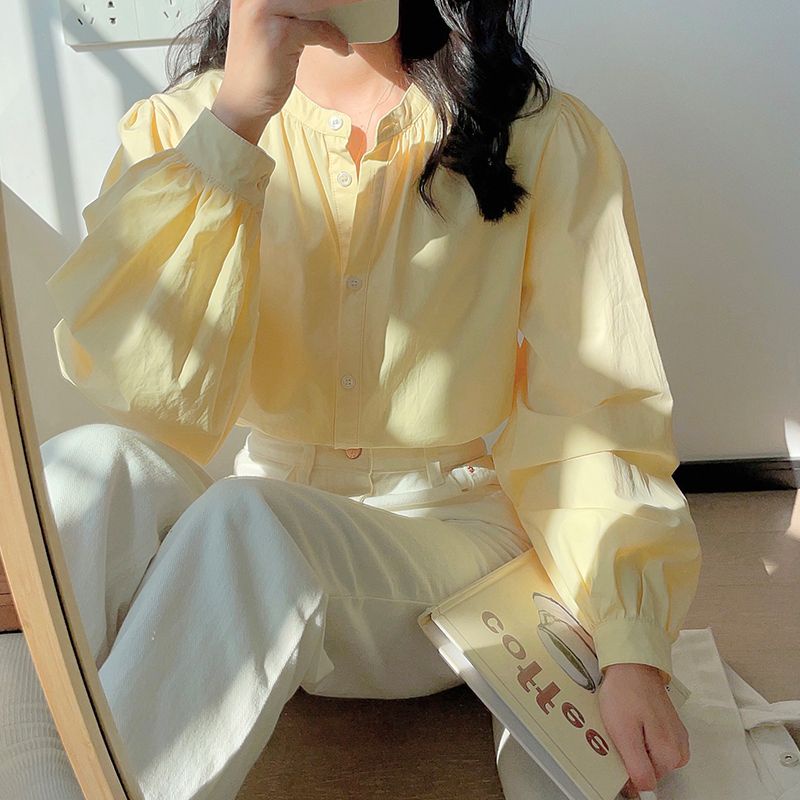 Áo Sơ Mi Tay Dài Màu Vàng Sữa Thời Trang Xuân Thu Mới Cho Nữ