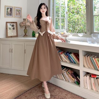 Đầm cổ vuông dài tay nữ, đầm maxi nữ kẻ caro dáng dài siêu nữ tính