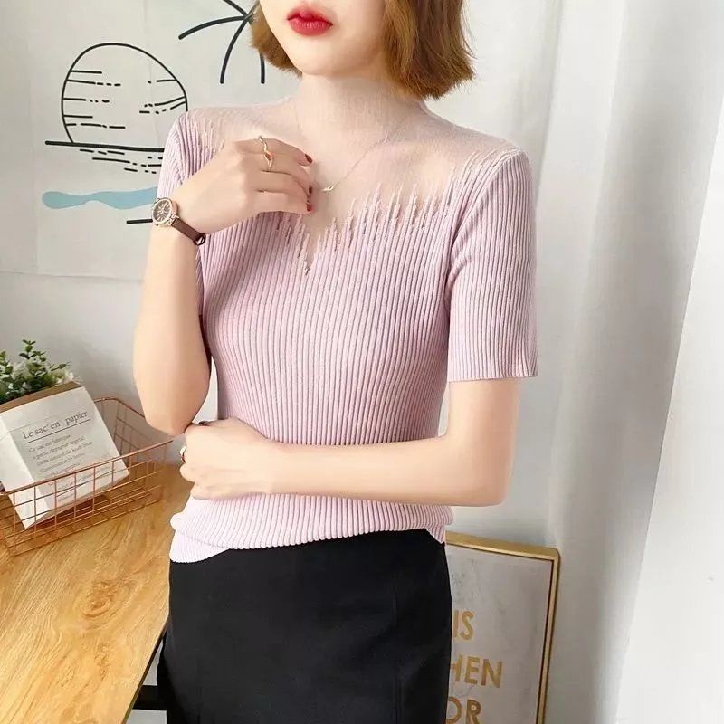Mới Áo Thun Nữ Tay Ngắn Phối Ren Thời Trang