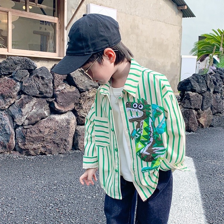 Áo Sơ Mi Kẻ Sọc In Hình Khủng Long Thời Trang Mới 2023 Cho Bé Trai