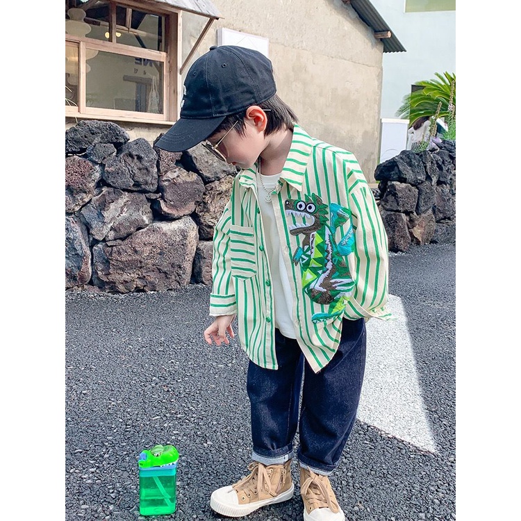 Áo Sơ Mi Kẻ Sọc In Hình Khủng Long Thời Trang Mới 2023 Cho Bé Trai