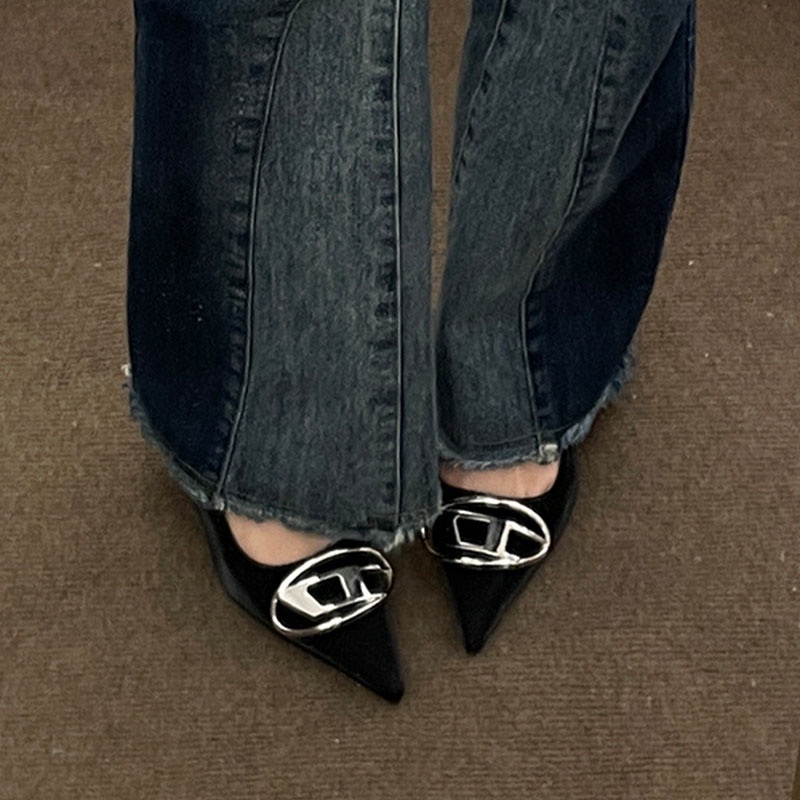 Babudaren Giày Cao Gót Mũi Nhọn Phối Khóa Kim Loại Thời Trang