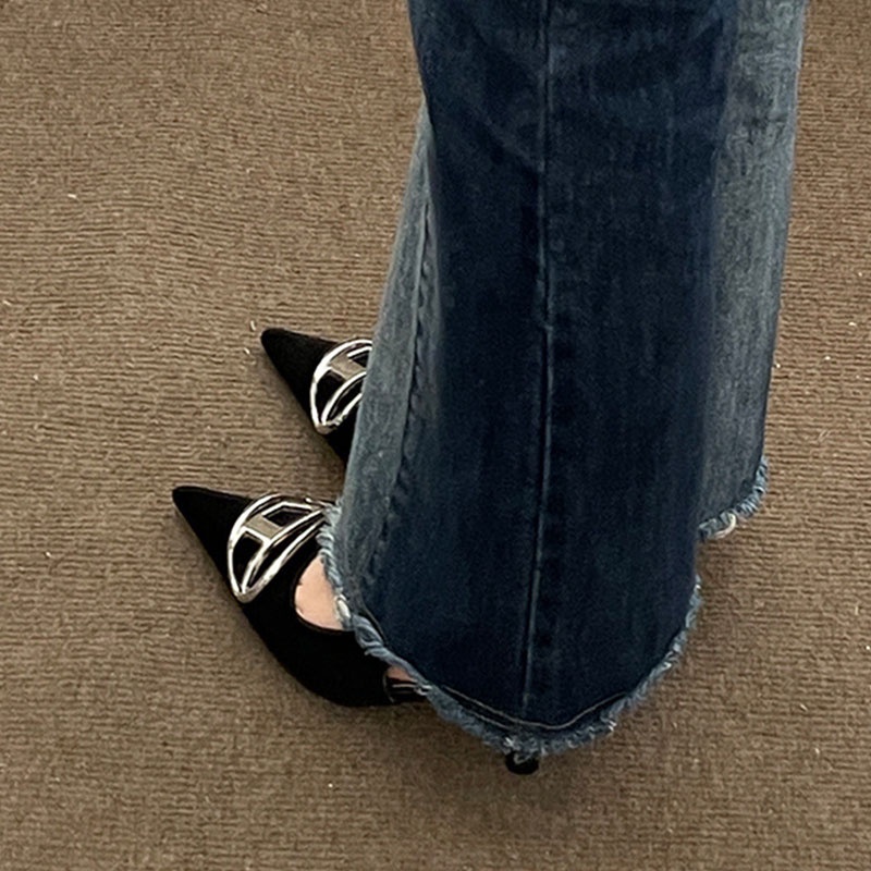 Babudaren Giày Cao Gót Mũi Nhọn Phối Khóa Kim Loại Thời Trang