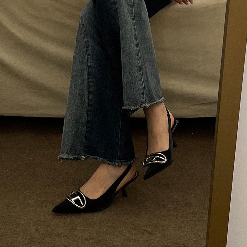 Babudaren Giày Cao Gót Mũi Nhọn Phối Khóa Kim Loại Thời Trang