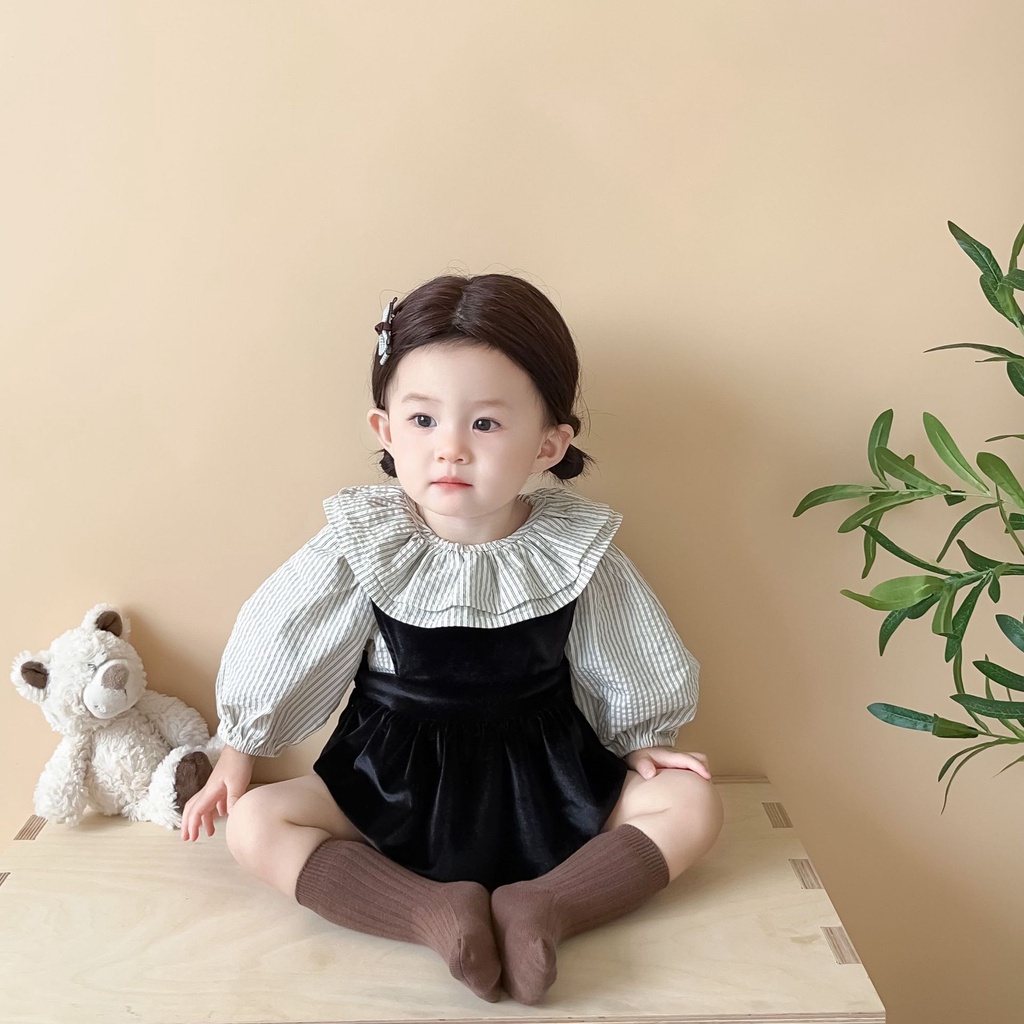 Set Áo Sơ Mi Cổ Búp Bê Họa Tiết Kẻ Sọc Hai Lớp Kèm Áo Khoác Lưng Thời Trang Cho Bé