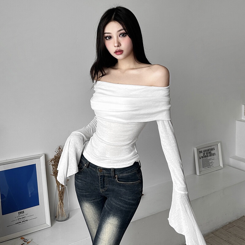 Áo Thun Trơn Tay Dài Hở Vai Dáng Ôm Co Giãn Đơn Giản Quyến Rũ Cho Nữ Mềm