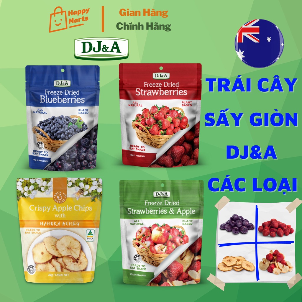 Trái Cây Sấy Giòn DJ&A Úc - Bổ sung dinh dưỡng, đẹp da, ngăn ngừa lão hóa - Dâu tây sấy - Việt quất sấy - Táo sấy mật