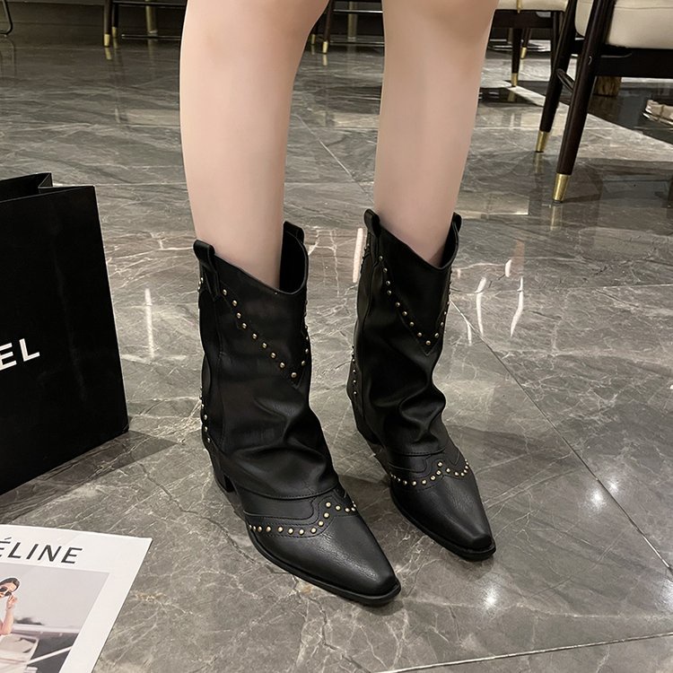 Giày Bốt Da pu Gót Dày Mũi Nhọn Thoáng Khí Cao Cấp Phong Cách Pháp Thời Trang Mùa Đông