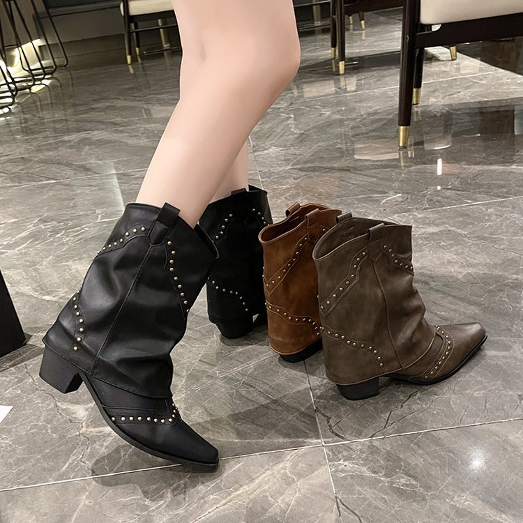 Giày Bốt Da pu Gót Dày Mũi Nhọn Thoáng Khí Cao Cấp Phong Cách Pháp Thời Trang Mùa Đông