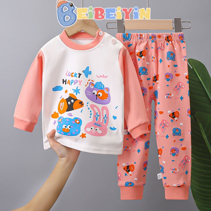 Beibeiyin Bộ Đồ Mặc Ở Nhà Bằng cotton Nguyên Chất In Họa Tiết Hoạt Hình Dễ Thương Thoải Mái Thời Trang Mùa Thu Cho Bé Trai Và Gái