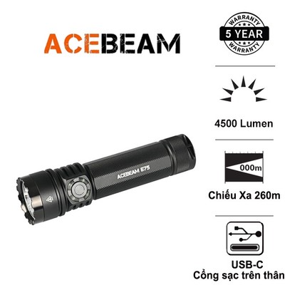 Đèn pin ACEBEAM E75 độ sáng 4500 lumen chiếu xa 260m pin 21700 5000mAh cổng sạc USB-C