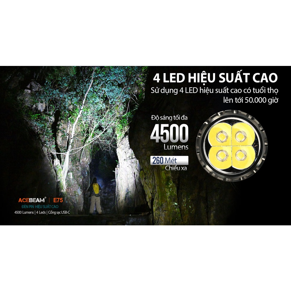 Đèn pin ACEBEAM E75 độ sáng 4500 lumen chiếu xa 260m pin 21700 5000mAh cổng sạc USB-C