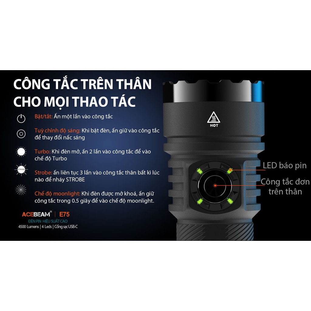 Đèn pin ACEBEAM E75 độ sáng 4500 lumen chiếu xa 260m pin 21700 5000mAh cổng sạc USB-C