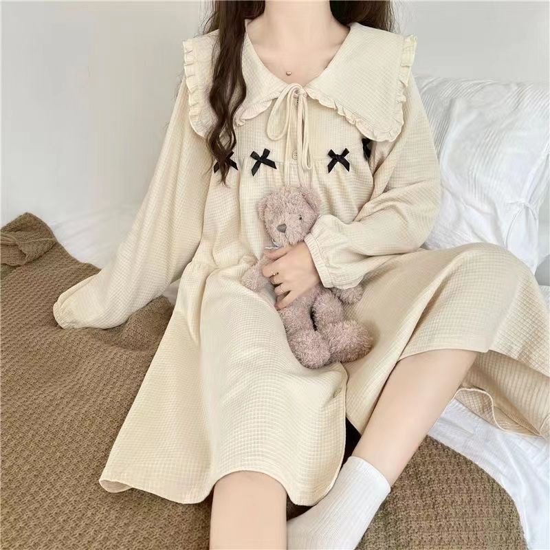 Đầm Ngủ Tay Dài Phối Nơ Dễ Thương Dành Cho Nữ