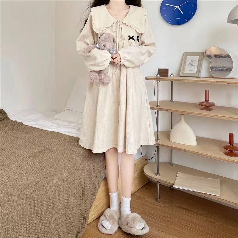 Đầm Ngủ Tay Dài Phối Nơ Dễ Thương Dành Cho Nữ