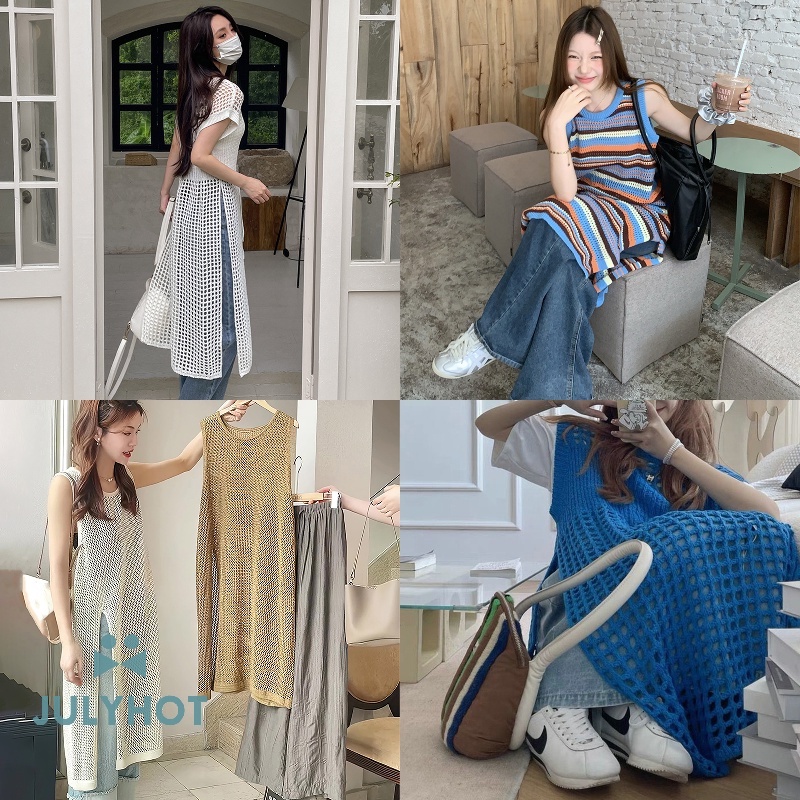 Đầm Sát Nách Dệt Kim Dáng Rộng Xẻ Tà Thời Trang Đường Phố Cá Tính Cho Nữ Đầm midi Cổ Tròn Màu Trơn Khoét Lỗ Thời Trang Cho NữTấm Bạt Che Mưa Họa Tiết Dễ Thương