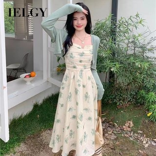 IELGY Hoa Sling Đầm Dài Giữa Mùa Hè Pháp Mới Phong Cách Ngày Lễ Sling Đầm Và Áo Cardigan Bộ Hai Mảnh