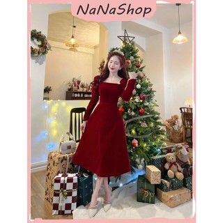 [New Sales 2024] Đầm nhung nữ dáng xòe tay dài cổ vuông phối viền cực sang chảnh thanh lịch