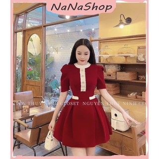 [New Sales 2024] Đầm nhung chạy viền kiểu xòe chữ A cổ tròn tay ngắn, Đầm váy nữ nhung xòe xếp ly chữ A