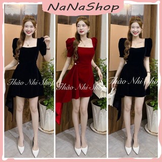[New Sales 2024] Đầm chữ A dáng dài phối tà cổ vuông tay phồng sang chảnh cho các nàng đi chơi