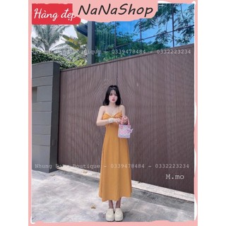Đầm gân suông kiểu 2 dây xoăn ngực cúc xinh cho các nàng dạo phố, Đầm 2 dây nơ to nhún dáng xòe nhẹ chất thun gân