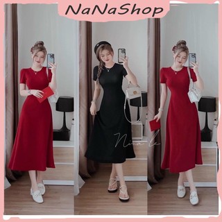 Đầm váy body dáng midi sẻ tà đơn giản siêu tôn dáng,  Đầm thu tăm cổ tròn tay ngắn dáng xòe dài ôm body tốn dáng