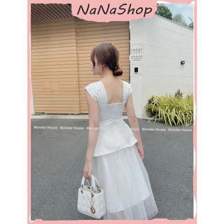Váy dự tiệc, dạ hội, đầm trắng cổ vuông tay ngắn, Set áo tapta mix chân váy lười thanh lịch, sang trọng nữ tính