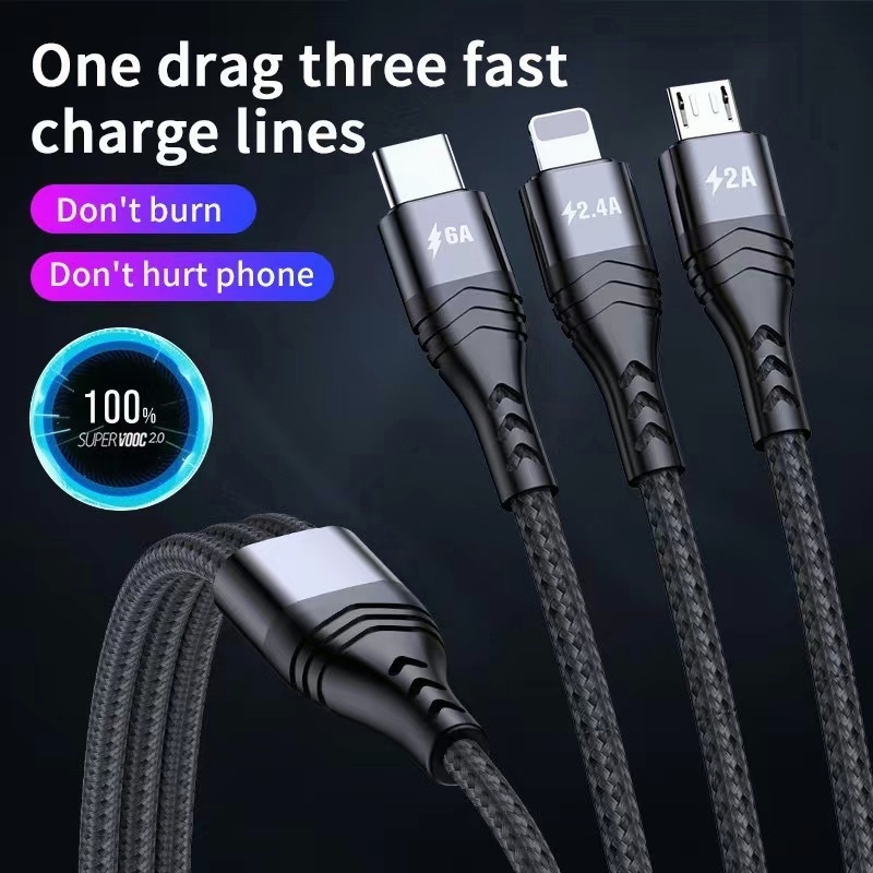 Dây Cáp Sạc 3 Trong 1 5a 6 Cổng type c 8pin micro usb Cho iphone 14 13 12 pro max ios 10 9 8 android