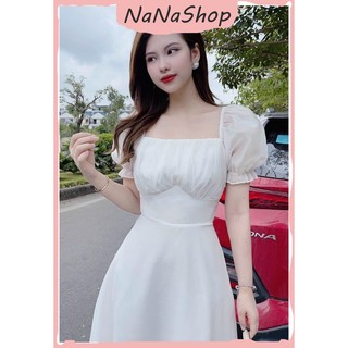 [New Sales 2024] Váy đầm nữ tay phồng cổ vuông nhúm ngữ chất voan, Đầm váy dự tiêc cổ vuông tay phồng dễ thương