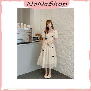 Đầm tiểu thư xinh xắn hot trend váy trắng đính nơ cổ vuông, Váy tiểu thư dài xinh xắn 2 lớp baby doll nơ tay bồng