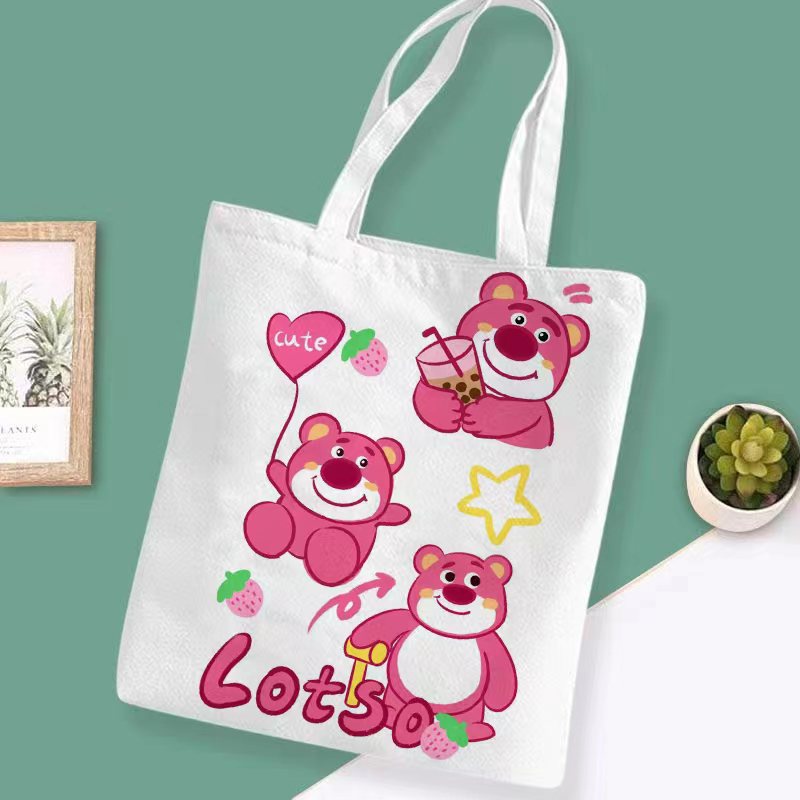 Laz Johnn Túi tote Vải canvas In Hoạt Hình Gấu Dâu Tây Dễ Thương Cho Học Sinh