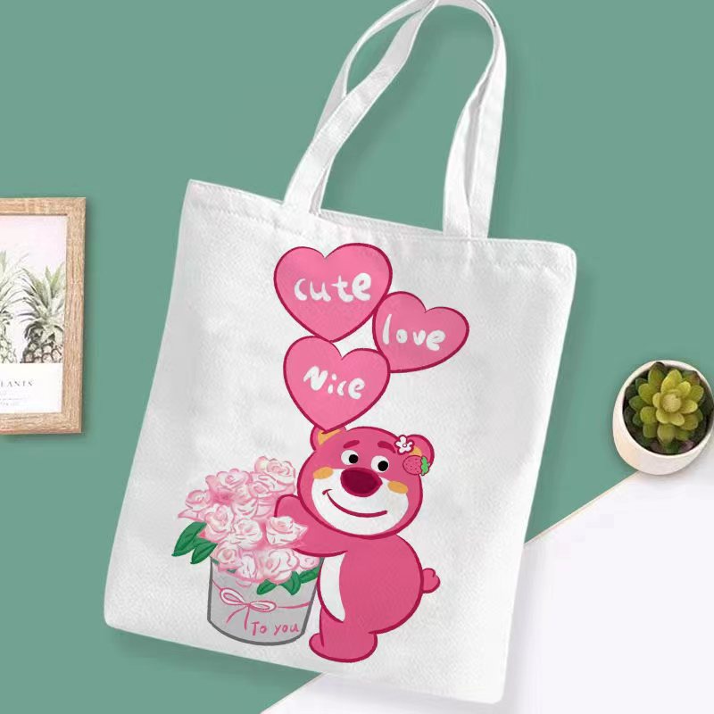 Laz Johnn Túi tote Vải canvas In Hoạt Hình Gấu Dâu Tây Dễ Thương Cho Học Sinh