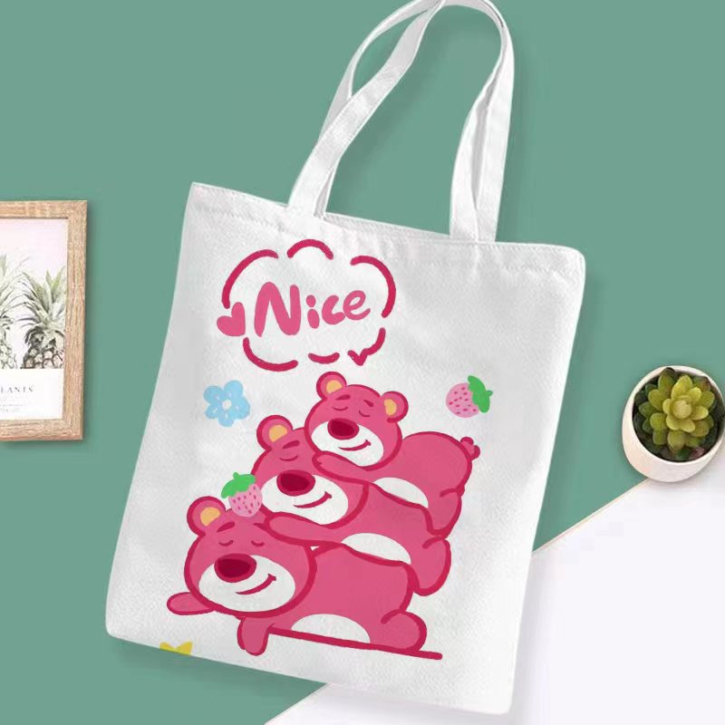 Laz Johnn Túi tote Vải canvas In Hoạt Hình Gấu Dâu Tây Dễ Thương Cho Học Sinh