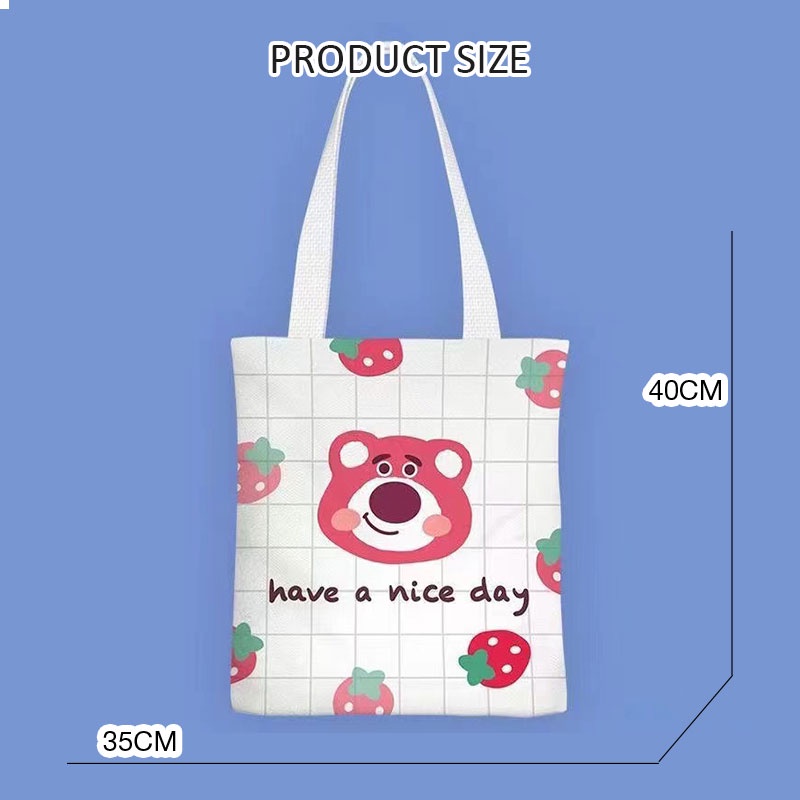 Laz Johnn Túi tote Vải canvas In Hoạt Hình Gấu Dâu Tây Dễ Thương Cho Học Sinh