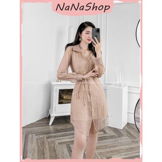 Đầm voan tơ gân tay dài gài nút cột eo cực sang chảnh cá tính đi chơi dự tiệc, Váy sơ mi nữ tay dài có thắt eo siêu