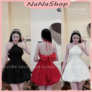 Đầm body nữ, Váy nhung ba màu đen trắng đỏ sang chảnh, Đầm cổ yếm hở lưng sexy chất gấm sang trọng dáng xòe