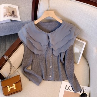 Áo len cardigan dệt kim xù màu xám