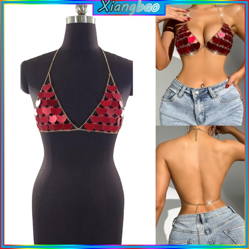 Xiangbao Áo Lót Croptop Dây Xích Kim Sa Hình Trái Tim Lấp Lánh Trang Sức Tiệc Tùng